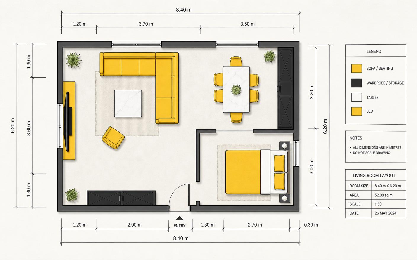 Coloured furniture layout plan with room measurements